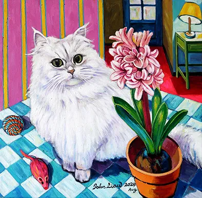 2024 貓與風信子 花 Cat with hyacinth flowers 61x61cm Oil on canvas